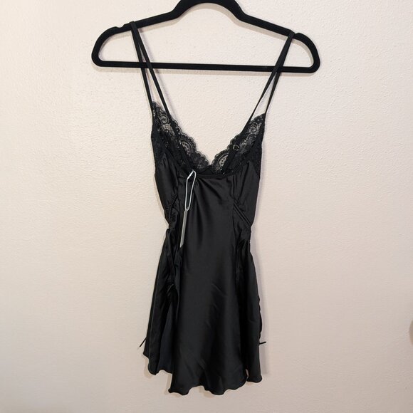 Black Satin Lace Mini Nightgown Ruched Sides Single Strap Chemise - Picture 4 of 11